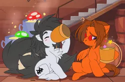 Size: 1280x837 | Tagged: safe, artist:thegamercolt, derpibooru import, oc, oc:aha mclovin, oc:thegamercolt, earth pony, pegasus, pony, alcohol, arctic earth pony, basement, beer, big mane, big mushrooms, brewing, chest fluff, cutie mark, drinking, glasses, hyper tale, image, jpeg, not sure its safe, oc's only, super mario bros mushrooms, wings