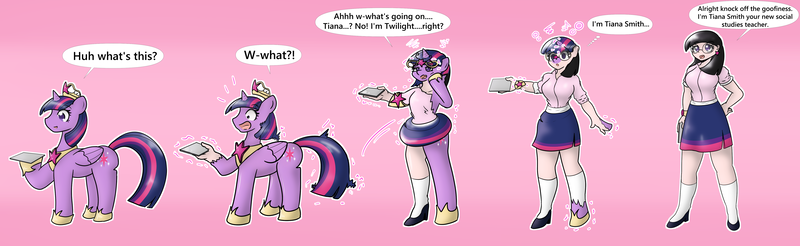 Size: 5200x1600 | Tagged: safe, artist:quickcast, derpibooru import, twilight sparkle, twilight sparkle (alicorn), alicorn, human, pony, clothes, commission, glasses, human coloration, humanized, image, mental shift, natural hair color, png, shoes, skirt, tablet, transformation, transformation sequence