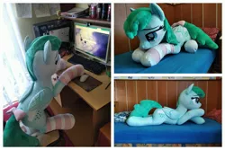 Size: 3264x2180 | Tagged: safe, artist:epicrainbowcrafts, derpibooru import, spring melody, sprinkle medley, pegasus, pony, bed, bedroom eyes, bow, clothes, computer, image, irl, jpeg, life size, lying down, photo, plushie, prone, sitting, socks, solo, tail, tail bow, wings