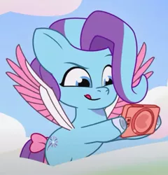 Size: 657x683 | Tagged: safe, derpibooru import, screencap, pegasus, pony, my little pony: tell your tale, spoiler:g5, spoiler:my little pony: tell your tale, spoiler:tyts01e20, bow, cloud, colored wings, cropped, eyes narrowed, female, filly, flying, foal, g5, glory (g5), image, jpeg, mobile phone, one trick pony (episode), phone, raised eyebrow, solo, tail, tail bow, tongue out, two toned wings, wings