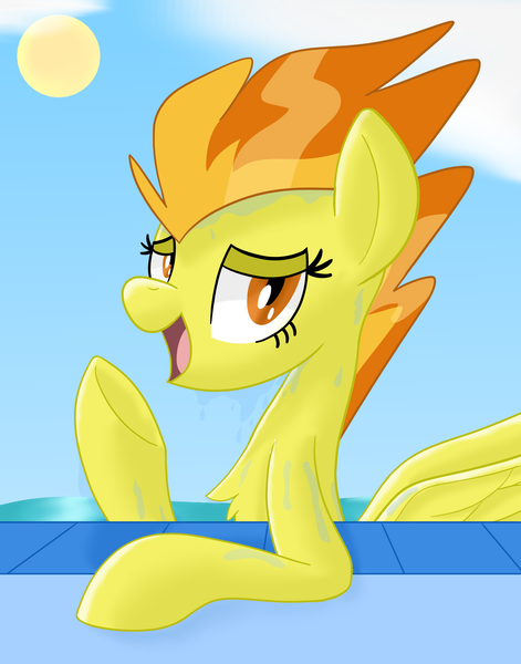 Size: 2000x2550 | Tagged: safe, artist:notadeliciouspotato, derpibooru import, spitfire, pegasus, pony, bedroom eyes, cloud, female, image, looking at you, mare, open mouth, open smile, png, smiling, solo, sun, swimming pool, water, wet, wings