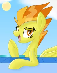 Size: 2000x2550 | Tagged: safe, artist:notadeliciouspotato, derpibooru import, spitfire, pegasus, pony, bedroom eyes, cloud, female, image, looking at you, mare, open mouth, open smile, png, smiling, solo, sun, swimming pool, water, wet, wings