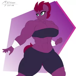 Size: 3000x3000 | Tagged: suggestive, artist:astrum, derpibooru import, tempest shadow, anthro, unicorn, abs, amazon, arm wraps, belly button, biceps, big breasts, breast squish, breasts, buff, busty tempest shadow, chest fluff, clothes, deltoids, digital art, erect nipples, female, fist, image, midriff, muscles, muscular female, nipple outline, pecs, png, serious, serious face, shorts, sports bra, sports shorts, temple shadow, thighs, thunder thighs