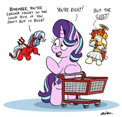 Size: 1024x974 | Tagged: safe, artist:bobthedalek, derpibooru import, starlight glimmer, sunburst, trixie, pony, unicorn, atg 2022, image, jpeg, newbie artist training grounds, shopping cart, shoulder angel, shoulder devil