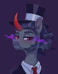 Size: 1610x2059 | Tagged: safe, artist:skysorbett_art, derpibooru import, king sombra, pony, unicorn, alternate hairstyle, clothes, colored horn, commission, curved horn, fangs, hat, horn, image, jpeg, male, necktie, shirt, solo, sombra eyes, sombra horn, stallion, suit, top hat