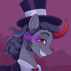 Size: 1806x1807 | Tagged: safe, artist:skysorbett_art, derpibooru import, king sombra, pony, unicorn, alternate hairstyle, clothes, colored horn, commission, curved horn, fangs, grin, hat, horn, image, jpeg, male, necktie, shirt, smiling, solo, sombra eyes, sombra horn, stallion, suit, top hat