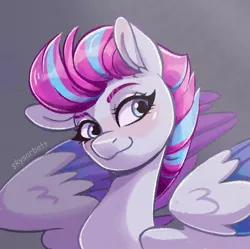 Size: 1024x1019 | Tagged: safe, artist:skysorbett_art, derpibooru import, zipp storm, pegasus, pony, :3, adorazipp, blushing, colored wings, cute, female, g5, gradient background, image, jpeg, looking at you, mare, multicolored wings, partially open wings, smiling, smiling at you, smirk, solo, wings