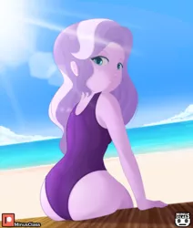 Size: 2976x3507 | Tagged: suggestive, artist:minusclass, derpibooru import, diamond tiara, equestria girls, beach, clothes, crepuscular rays, female, image, jpeg, looking back, ocean, one-piece swimsuit, sand, solo, summer, swimsuit, water