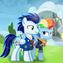 Size: 900x900 | Tagged: safe, artist:mlplary6, derpibooru import, rainbow dash, soarin', pegasus, pony, female, image, looking at each other, looking at someone, male, mare, older, older rainbow dash, older soarin', png, shipping, smiling, smiling at each other, soarindash, stallion, straight