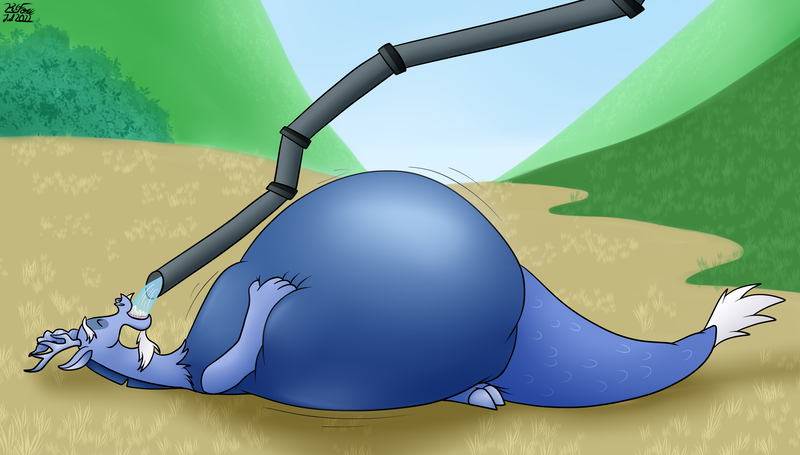 Size: 2958x1683 | Tagged: questionable, artist:the-furry-railfan, derpibooru import, discord, draconequus, three's a crowd, 2022, belly, big belly, blue flu, drinking, glass of water, huge belly, image, impossibly large belly, inflation, png, scene interpretation, signature, valley, water, water inflation