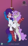 Size: 1500x2500 | Tagged: explicit, artist:draconightmarenight, derpibooru import, oc, oc:anykoe, unofficial characters only, earth pony, pony, balls, bell, bell collar, big balls, blushing, bondage, chest fluff, clothes, collar, ear fluff, horns, image, jewelry, jpeg, monthly reward, nudity, oc x oc, penetration, raised leg, ring, rope, sex, shipping, socks