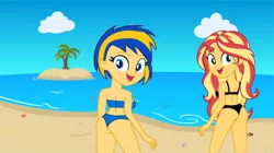 Size: 1316x735 | Tagged: safe, artist:mlpfan3991, derpibooru import, sunset shimmer, oc, oc:flare spark, equestria girls, beach, bikini, clothes, duo, duo female, equestria girls-ified, female, image, looking back, png, swimsuit