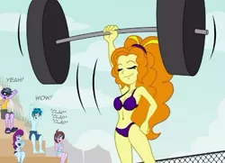 Size: 441x319 | Tagged: safe, artist:niban-destikim, derpibooru import, adagio dazzle, microchips, mystery mint, thunderbass, equestria girls, barbell, belly button, bikini, clothes, cropped, eyes closed, female, image, jpeg, male, strong, swimsuit, weight lifting, weights