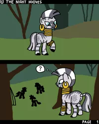 Size: 1600x2000 | Tagged: safe, artist:nopony, derpibooru import, zecora, oc, pony, zebra, comic:the night hooves, atg 2022, comic, everfree forest, image, newbie artist training grounds, png, question mark, standing, thought bubble, tree
