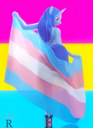 Size: 1046x1440 | Tagged: suggestive, derpibooru import, oc, anthro, unicorn, 3d, clothes, high heels, image, looking back, pansexual pride flag, png, pride, pride flag, rear view, shoes, silhouette, solo, transgender pride flag
