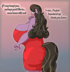 Size: 1749x1782 | Tagged: suggestive, artist:gunpowdergreentea, derpibooru import, oc, oc:modest prospect, anthro, earth pony, anthro oc, big breasts, blushing, breasts, butt, chest fluff, female, floppy ears, grin, huge breasts, huge butt, image, impossibly large breasts, impossibly large butt, large butt, lipstick, looking at you, looking back, looking back at you, milf, nervous, nervous grin, png, red dress, sideboob, smiling, talking to viewer, tight clothing