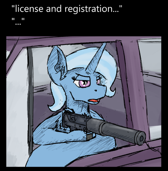 Size: 647x658 | Tagged: safe, artist:reddthebat, derpibooru import, trixie, pony, unicorn, car, female, gun, hoof hold, image, mac-10, mare, png, solo, suppressor, weapon