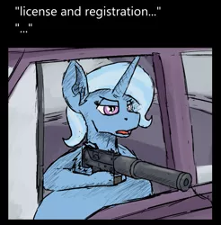 Size: 647x658 | Tagged: safe, artist:reddthebat, derpibooru import, trixie, pony, unicorn, car, female, gun, hoof hold, image, mac-10, mare, png, solo, suppressor, weapon