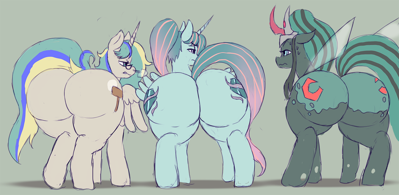 Size: 1500x734 | Tagged: safe, artist:weasselk, author:bigonionbean, derpibooru import, carrot top, cloudy quartz, derpy hooves, golden harvest, king sombra, mayor mare, minuette, nightmare moon, posey shy, queen chrysalis, twilight velvet, windy whistles, oc, oc:earthing elements, oc:queen fresh care, alicorn, changeling, changeling queen, pony, butt, changeling oc, cheeselegs, commissioner:bigonionbean, crown, curved horn, cutie mark, female, flank, fusion, fusion:earthing elements, fusion:queen fresh care, glasses, horn, image, insect wings, intense, intense stare, jewelry, large butt, mare, nervous sweat, plot, png, queen umbra, regalia, rule 63, snorting, stare down, the ass was fat, wings