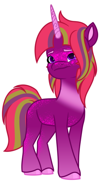 Size: 1828x3318 | Tagged: safe, artist:dancingkinfiend, derpibooru import, oc, unnamed oc, unofficial characters only, pony, unicorn, coat markings, colored hooves, colored horn, derpibooru exclusive, female, freckles, frown, furrowed brow, g5, hooves, horn, image, male to female, mare, multicolored hair, multicolored mane, png, purple eyes, purple fur, red mane, rule 63, simple background, socks (coat marking), solo, sparkles, trans female, transgender, transgender oc, transparent background, unicorn oc