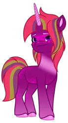 Size: 1828x3318 | Tagged: safe, artist:dancingkinfiend, derpibooru import, oc, unnamed oc, unofficial characters only, pony, unicorn, coat markings, colored hooves, colored horn, derpibooru exclusive, female, freckles, frown, furrowed brow, g5, hooves, horn, image, male to female, mare, multicolored hair, multicolored mane, png, purple eyes, purple fur, red mane, rule 63, simple background, socks (coat markings), solo, sparkles, trans female, transgender, transgender oc, transparent background, unicorn oc
