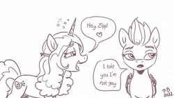 Size: 1200x675 | Tagged: safe, artist:pony-berserker, derpibooru import, izzy moonbow, zipp storm, pegasus, pony, unicorn, dialogue, drunk, drunk bubbles, female, g5, grayscale, image, implied lesbian, jpeg, mare, monochrome, pony-berserker's twitter sketches, pony-berserker's twitter sketches (2022), shipping denied, simple background, white background