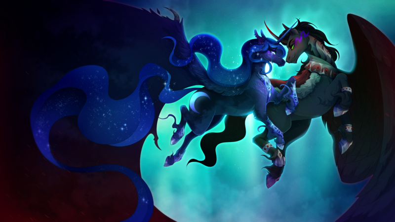 Size: 4000x2250 | Tagged: safe, artist:pumpkabooo, derpibooru import, king sombra, princess luna, alicorn, pony, unicorn, armor, black mane, blue eyes, blue mane, blue tail, crown, curved horn, ethereal mane, feather, female, flowing mane, flowing tail, flying, high res, hoof shoes, horn, image, jewelry, looking at each other, looking at someone, male, mare, moon, night, peytral, png, regalia, smiling, smiling at each other, sombra eyes, sparkles, spread wings, stallion, starry mane, starry tail, tail, wings
