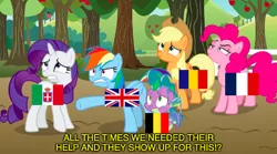 Size: 486x271 | Tagged: safe, derpibooru import, edit, edited screencap, screencap, applejack, pinkie pie, rainbow dash, rarity, spike, belgium, eqg flag-tag meme, france, image, implied united states, italy, metaphor, png, romania, united kingdom, world war i