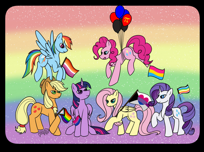 Size: 1280x954 | Tagged: safe, artist:pokeshadow, derpibooru import, applejack, fluttershy, pinkie pie, rainbow dash, rarity, twilight sparkle, twilight sparkle (alicorn), alicorn, earth pony, pegasus, unicorn, balloon, image, jpeg, mane six, pi, pride flag, rainbow background, sparkly background