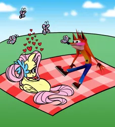 Size: 930x1026 | Tagged: safe, artist:thefiremermaid, derpibooru import, fluttershy, butterfly, insect, pegasus, pony, blushing, butterfly on nose, crash bandicoot, crossover, crossover shipping, female, floating heart, heart, image, insect on nose, looking at each other, looking at someone, lying down, male, mare, older, older fluttershy, picnic blanket, png, shipping, straight, wat, woah