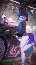 Size: 2160x3840 | Tagged: suggestive, artist:laylahorizonsfm, derpibooru import, oc, oc:aurora starling, unofficial characters only, anthro, earth pony, 3d, car, clothes, computer, denim, denim jacket, denim shorts, garage, glasses, guitar, hat, image, jacket, laptop computer, looking at you, musical instrument, one leg raised, png, record, shorts, source filmmaker, starbucks, vest