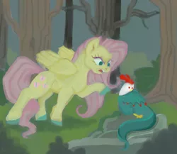 Size: 1024x888 | Tagged: safe, artist:tsunami-shells, derpibooru import, fluttershy, cockatrice, pegasus, pony, stare master, angry, colored hooves, female, forest, image, mare, png, tree