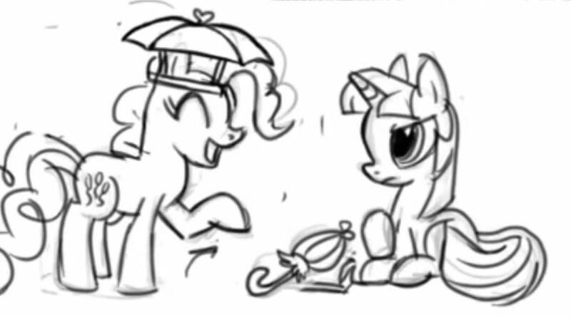 Size: 1215x676 | Tagged: safe, derpibooru import, pinkie pie, twilight sparkle, twilight twinkle, earth pony, pony, unicorn, 2009, animatic, black and white, book, eyes closed, female, frown, grayscale, hat, horn, image, jpeg, lying down, mare, monochrome, prone, raised hoof, show pilot, smiling, twilight sparkle is not amused, umbrella, umbrella hat, unamused, unicorn twilight, youtube link