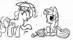 Size: 1215x676 | Tagged: safe, derpibooru import, pinkie pie, twilight sparkle, twilight twinkle, earth pony, pony, unicorn, 2009, animatic, black and white, book, eyes closed, female, frown, grayscale, hat, horn, image, jpeg, lying down, mare, monochrome, prone, raised hoof, show pilot, smiling, twilight sparkle is not amused, umbrella, umbrella hat, unamused, unicorn twilight, youtube link