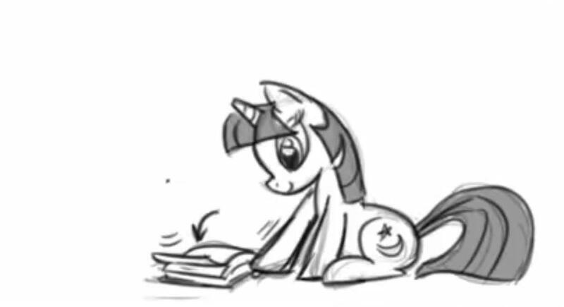 Size: 1225x666 | Tagged: safe, derpibooru import, twilight sparkle, twilight twinkle, pony, unicorn, 2009, animatic, black and white, book, female, grayscale, horn, image, index get, jpeg, mare, monochrome, show pilot, sitting, smiling, unicorn twilight, x00000 milestone, youtube link