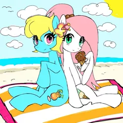 Size: 749x751 | Tagged: safe, artist:ponysprinkles, derpibooru import, oc, unofficial characters only, earth pony, pegasus, pony, beach, cloud, duo, duo female, earth pony oc, eye clipping through hair, female, food, ice cream, ice cream cone, image, jpeg, looking at you, mare, pegasus oc, sitting, wing hands, wings