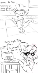 Size: 4096x7722 | Tagged: safe, artist:tjpones, derpibooru import, raven, spike, dragon, pony, unicorn, bipedal, black and white, comic, commission, dialogue, female, grayscale, image, implied spike, levitation, magic, male, mare, monochrome, nightshirt, paper shredder, partial color, pencil behind ear, png, ravenspike, shipping, simple background, sleep mask, straight, suspicious, telekinesis, white background