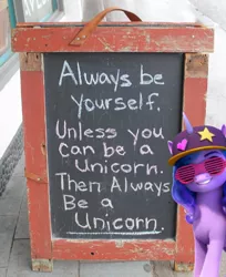 Size: 900x1104 | Tagged: safe, derpibooru import, edit, izzy moonbow, unicorn, my little pony: a new generation, fit right in (g5), g5, image, irl, jpeg, photo, slogan, solo