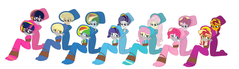 Size: 5896x1712 | Tagged: safe, artist:brightstar40k, derpibooru import, applejack, fluttershy, mean applejack, mean fluttershy, mean pinkie pie, mean rainbow dash, mean rarity, mean twilight sparkle, pinkie pie, rainbow dash, rarity, sci-twi, sunset shimmer, trixie, twilight sparkle, equestria girls, the mean 6, bondage, bound and gagged, clone, clone six, clothes, equestria girls-ified, gag, humane five, humane seven, humane six, image, long dress, long skirt, mean sci-twi, mean sunset shimmer, png, simple background, skirt, victorian, victorian dress, white background