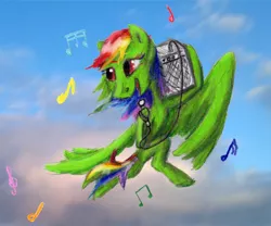 Size: 6289x5243 | Tagged: safe, artist:c_||_r, derpibooru import, oc, oc:ceezie, unofficial characters only, pegasus, pony, amp, female, flying, green coat, image, jpeg, magenta eyes, mare, microphone, motion blur, multicolored hair, music notes, newbie artist training grounds, rainbow hair, real life background, singing, smiling, solo