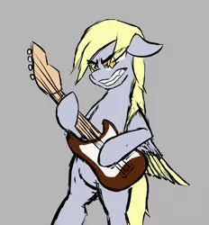 Size: 1008x1088 | Tagged: safe, artist:hovel, derpibooru import, edit, derpy hooves, pegasus, pony, bipedal, electric guitar, floppy ears, gray background, guitar, hoof hold, image, musical instrument, png, simple background, sketch, solo