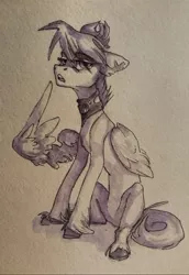 Size: 744x1080 | Tagged: safe, artist:charlot, derpibooru import, oc, oc:cogwheel snowflake, unofficial characters only, pegasus, pony, bored, hooves, image, jewelry, jpeg, monochrome, necklace, open mouth, pegasus oc, solo, traditional art, wings