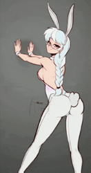 Size: 527x1000 | Tagged: suggestive, artist:scorpdk, derpibooru import, editor:bandgeek32, silver spoon, human, against wall, animated, anime, ass, bedroom eyes, blushing, braid, breasts, bunny ears, bunny girl, bunny suit, bunny tail, busty silver spoon, butt, butt shake, choker, clothes, costume, cuffs (clothes), ear piercing, earring, female, gif, glasses, humanized, image, jewelry, leotard, looking at you, looking back, looking back at you, looking over shoulder, older, older silver spoon, pantyhose, piercing, playboy bunny silver spoon, shake, sideboob, silverbutt, smiling, smiling at you, solo, solo female, stupid sexy silver spoon, tail, thong leotard, twerking
