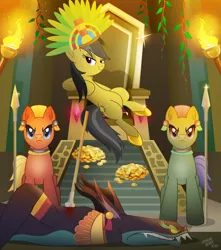 Size: 1900x2153 | Tagged: semi-grimdark, artist:lennonblack, derpibooru import, ahuizotl, daring do, earth pony, pony, blood, cenote diver, death, gold, image, male, marw, png, rusty spear, spear, stallion, weapon, wingless