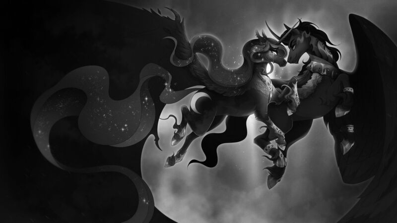 Size: 1920x1080 | Tagged: safe, alternate version, artist:pumpkabooo, derpibooru import, king sombra, princess luna, alicorn, pony, unicorn, armor, black and white, claws, curved horn, duo, duo male and female, ethereal mane, female, flowing mane, flowing tail, flying, grayscale, high res, hoof fluff, hoof shoes, horn, image, implied nightmare moon, jewelry, jpeg, long feather, looking at each other, looking at someone, lumbra, male, mare, monochrome, night, peytral, regalia, shipping, smiling, sombra eyes, sparkles, spread wings, stallion, starry mane, straight, tail, wing cape, wing claws, wings