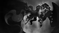 Size: 4000x2250 | Tagged: safe, alternate version, artist:pumpkabooo, derpibooru import, king sombra, princess luna, alicorn, pony, unicorn, armor, black and white, claws, curved horn, duo, duo male and female, ethereal mane, female, flowing mane, flowing tail, flying, grayscale, high res, hoof fluff, hoof shoes, horn, image, implied nightmare moon, jewelry, long feather, looking at each other, looking at someone, lumbra, male, mare, monochrome, night, peytral, png, regalia, shipping, smiling, sombra eyes, sparkles, spread wings, stallion, starry mane, straight, tail, wing cape, wing claws, wings