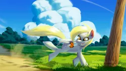 Size: 2100x1181 | Tagged: safe, artist:drawingatlast, artist:kiulip, derpibooru import, derpy hooves, butterfly, insect, pegasus, collaboration, image, png