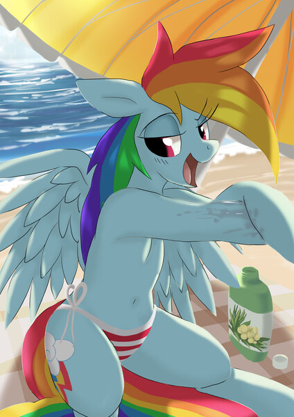 Size: 2480x3508 | Tagged: suggestive, artist:neoshrek, derpibooru import, rainbow dash, pegasus, pony, beach, beach umbrella, clothes, image, jpeg, ocean, solo, striped underwear, sunscreen, umbrella, underwear, water