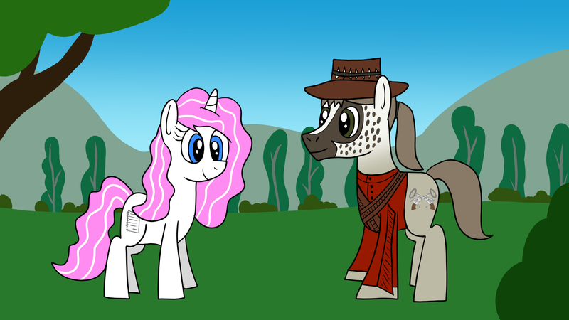 Size: 1920x1080 | Tagged: safe, artist:platinumdrop, derpibooru import, oc, oc:candy, oc:tybalt, unofficial characters only, earth pony, pony, unicorn, bandolier, clothes, fanfic art, fedora, female, hat, image, male, mare, png, request, stallion