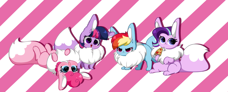 Size: 5971x2423 | Tagged: safe, artist:kittyrosie, derpibooru import, part of a set, pinkie pie, rainbow dash, starlight glimmer, twilight sparkle, eevee, >:3, blushing, chest fluff, cute, cuteness overload, daaaaaaaaaaaw, dashabetes, diapinkes, ear fluff, floating heart, fluffy, food, glimmerbetes, gradient background, heart, image, kittyrosie is trying to murder us, open mouth, open smile, pizza, png, pokefied, pokémon, simple background, smiling, solo, species swap, sweet dreams fuel, twiabetes, weapons-grade cute